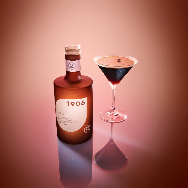 Bottle of 1906 brand alcohol with a cocktail on a gradient background
