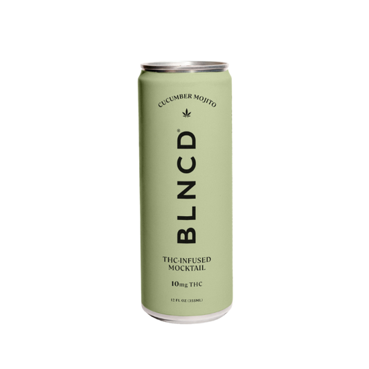 Green can of BLNCD THC-infused mocktail on a white background at Sèchey