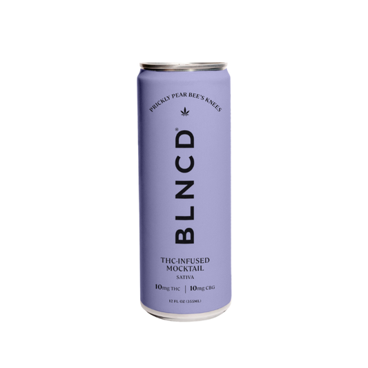 Purple can of BLNCD THC-infused mocktail on a white background at Sèchey