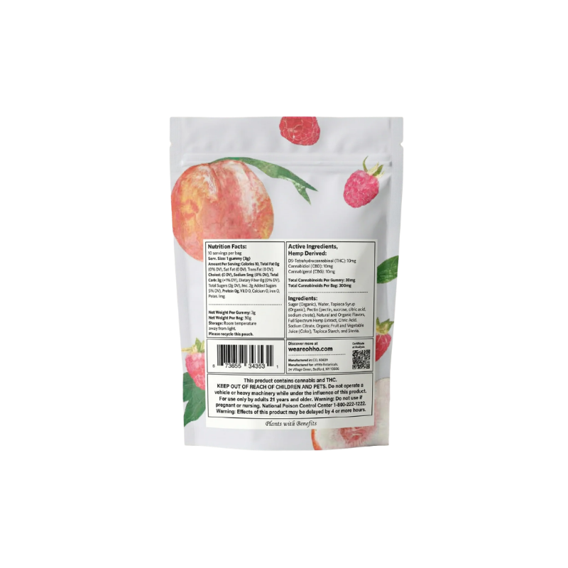 Back view of a white oHHo bag with peach illustrations and text on a white background