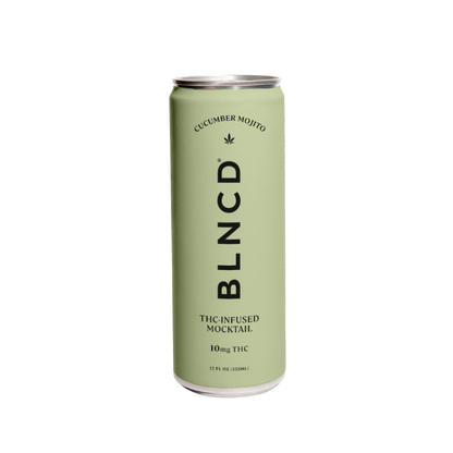 Green can of BLNCD THC-infused mocktail on a white background at Sèchey