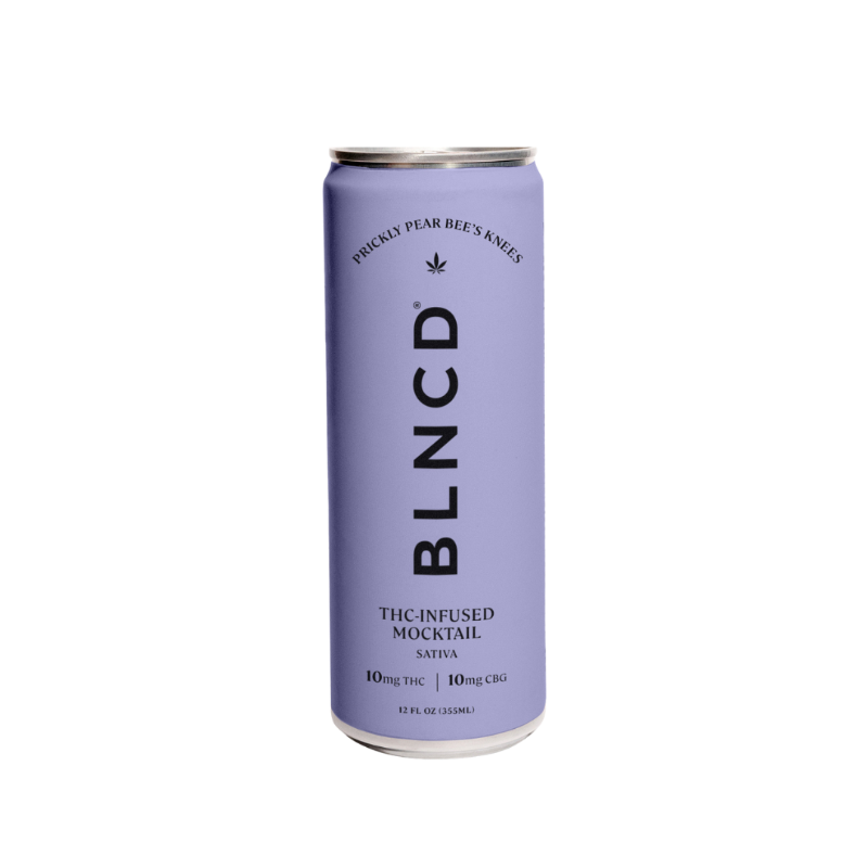 Purple can of BLNCD THC-infused mocktail on a white background at Sèchey