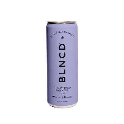 Purple can of BLNCD THC-infused mocktail on a white background at Sèchey