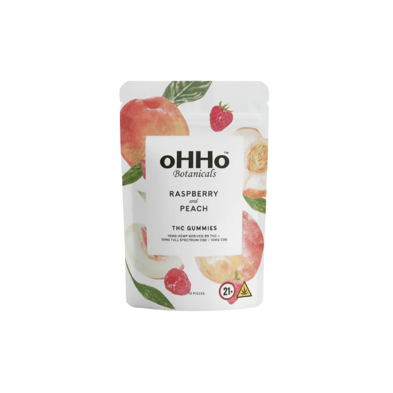 OHHO Botanicals Raspberry and Peach THC Gummies packaging on a white background