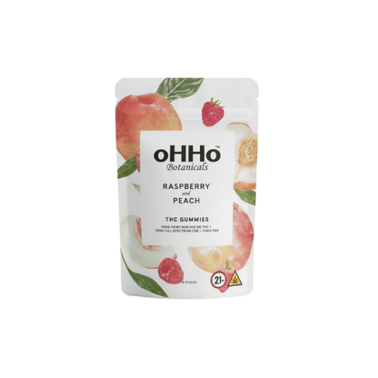 OHHO Botanicals Raspberry and Peach THC Gummies packaging on a white background