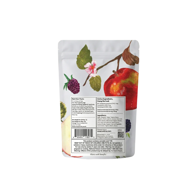 Back view of a food packaging with fruit illustrations and text on a white background