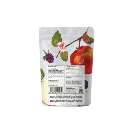 Back view of a food packaging with fruit illustrations and text on a white background